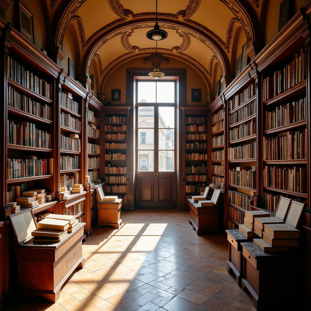 A charming Spanish bookstore interior with high ceilings, wooden shelves overflowing with books, warm lighting, and a cozy reading nook