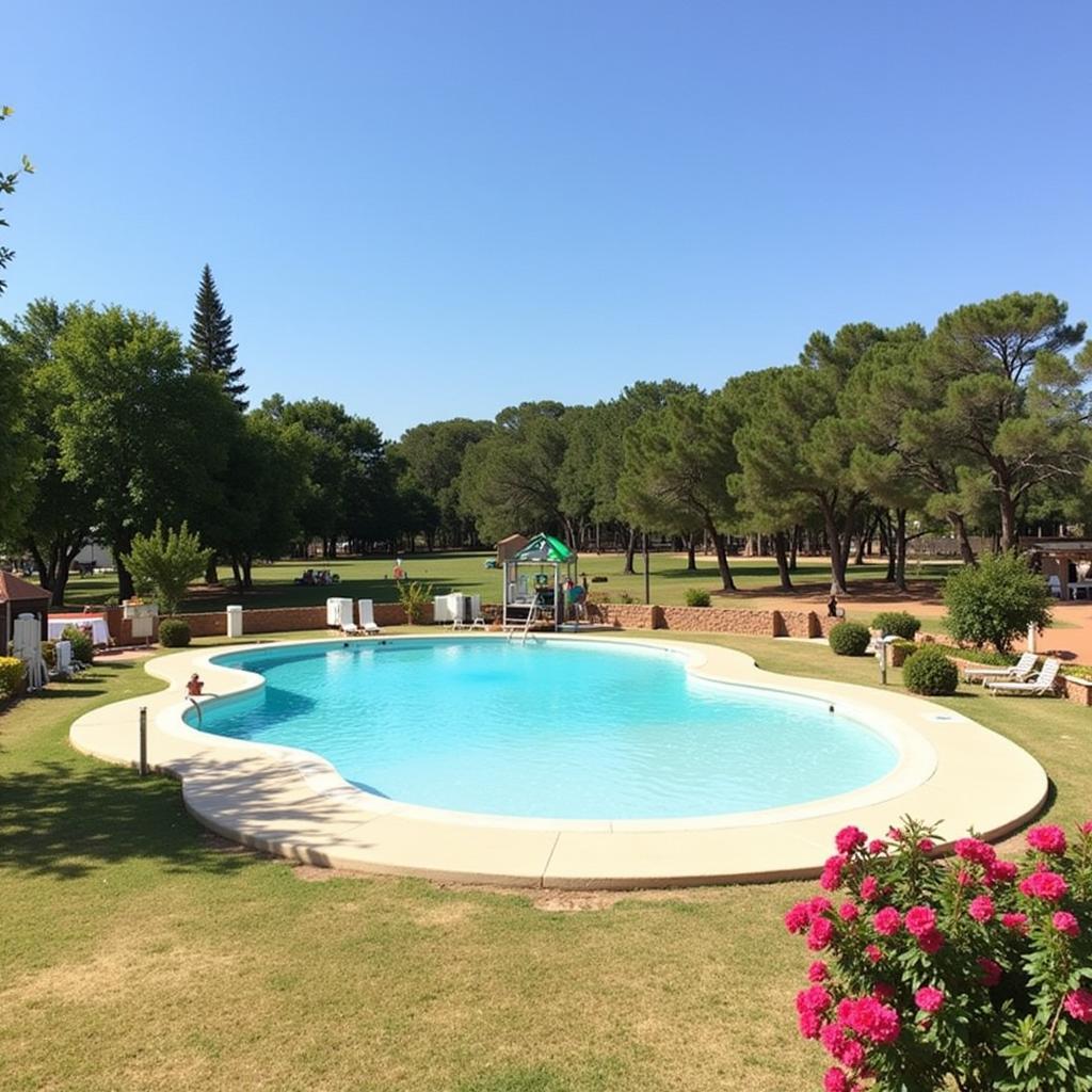 Family enjoying a campsite pool with their mobile home in the background