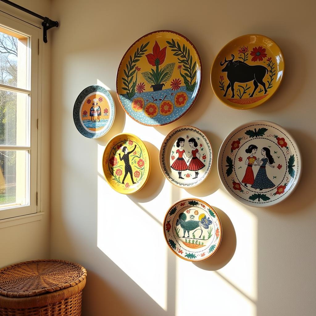 A collection of vibrant ceramic plates displayed as wall decor