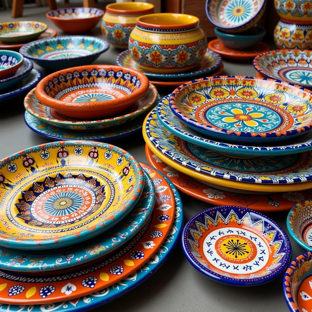 A vibrant display of Spanish ceramics in a home & cook outlet