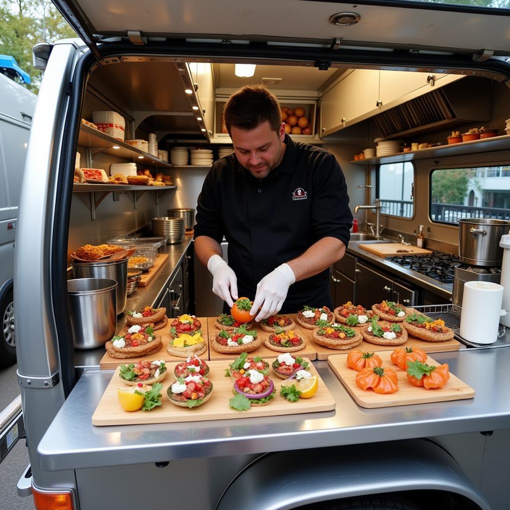 A skilled Spanish chef preparing tapas inside a modern food truck