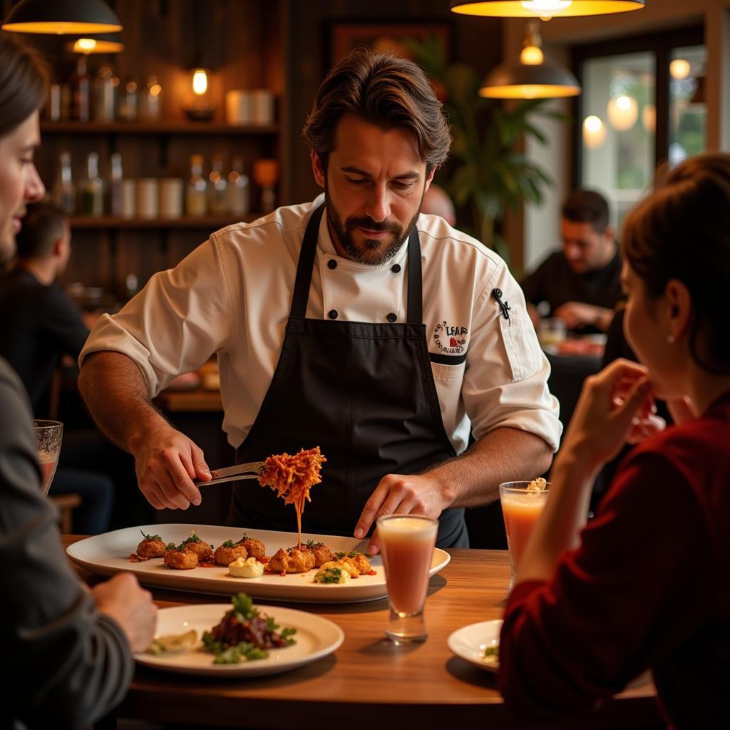 A Spanish chef, brimming with charisma, shares anecdotes and laughter with engaged guests while preparing a traditional dish.