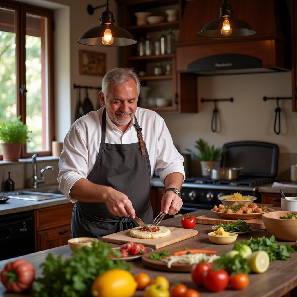 A friendly Spanish chef smiles as he teaches a cooking class in a home kitchen