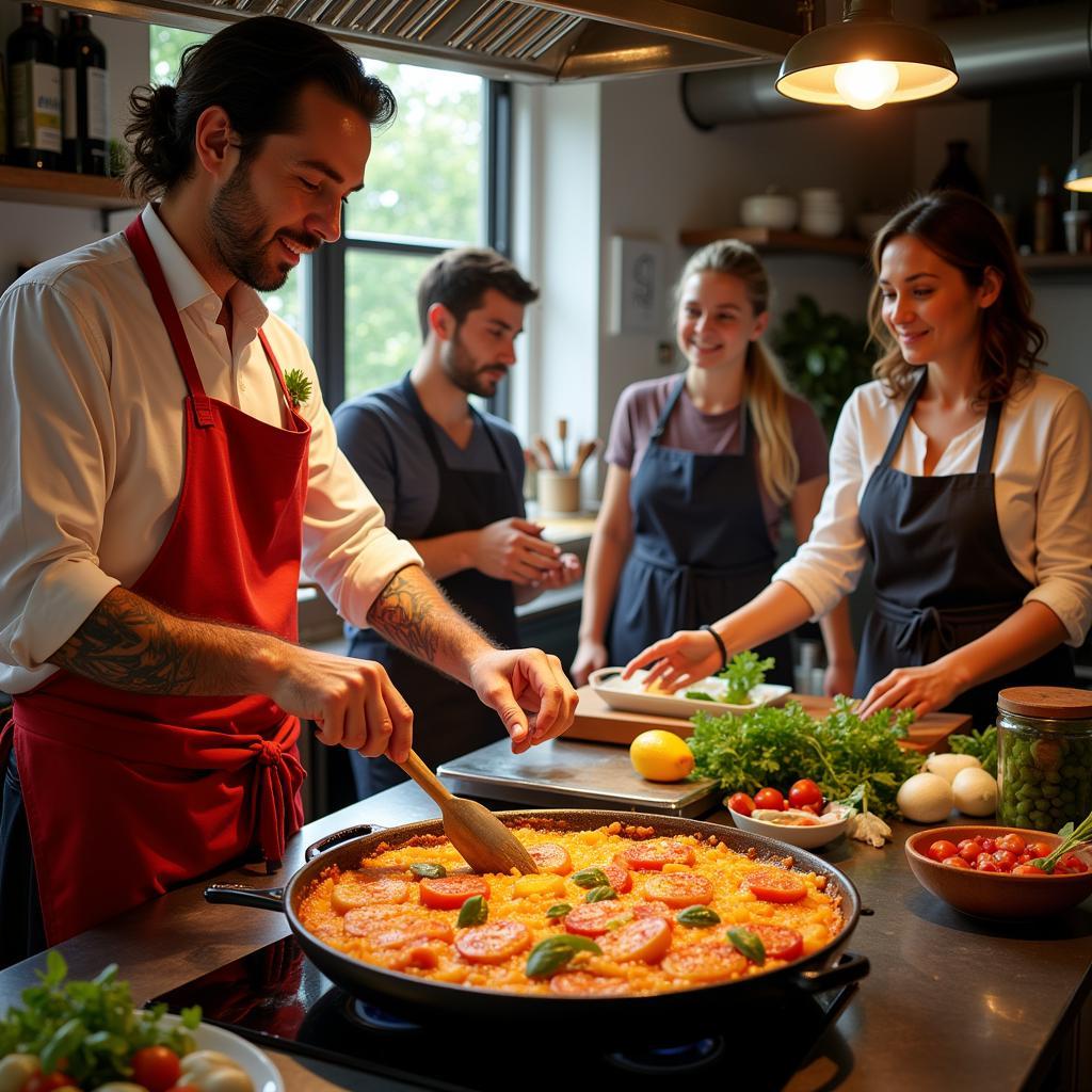 A Spanish chef enthusiastically teaches the art of paella making to eager guests in a vibrant home kitchen.