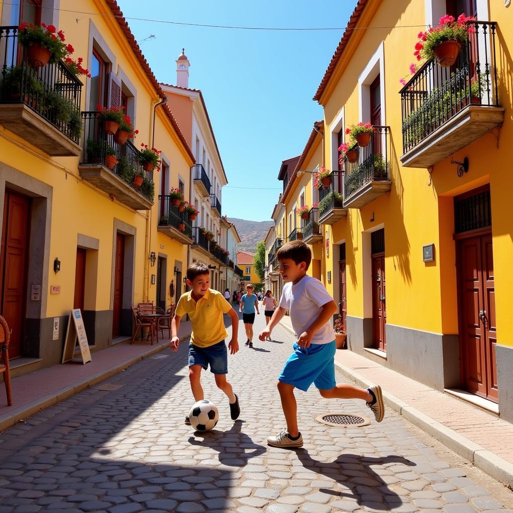 Children playing street football in a Spanish town