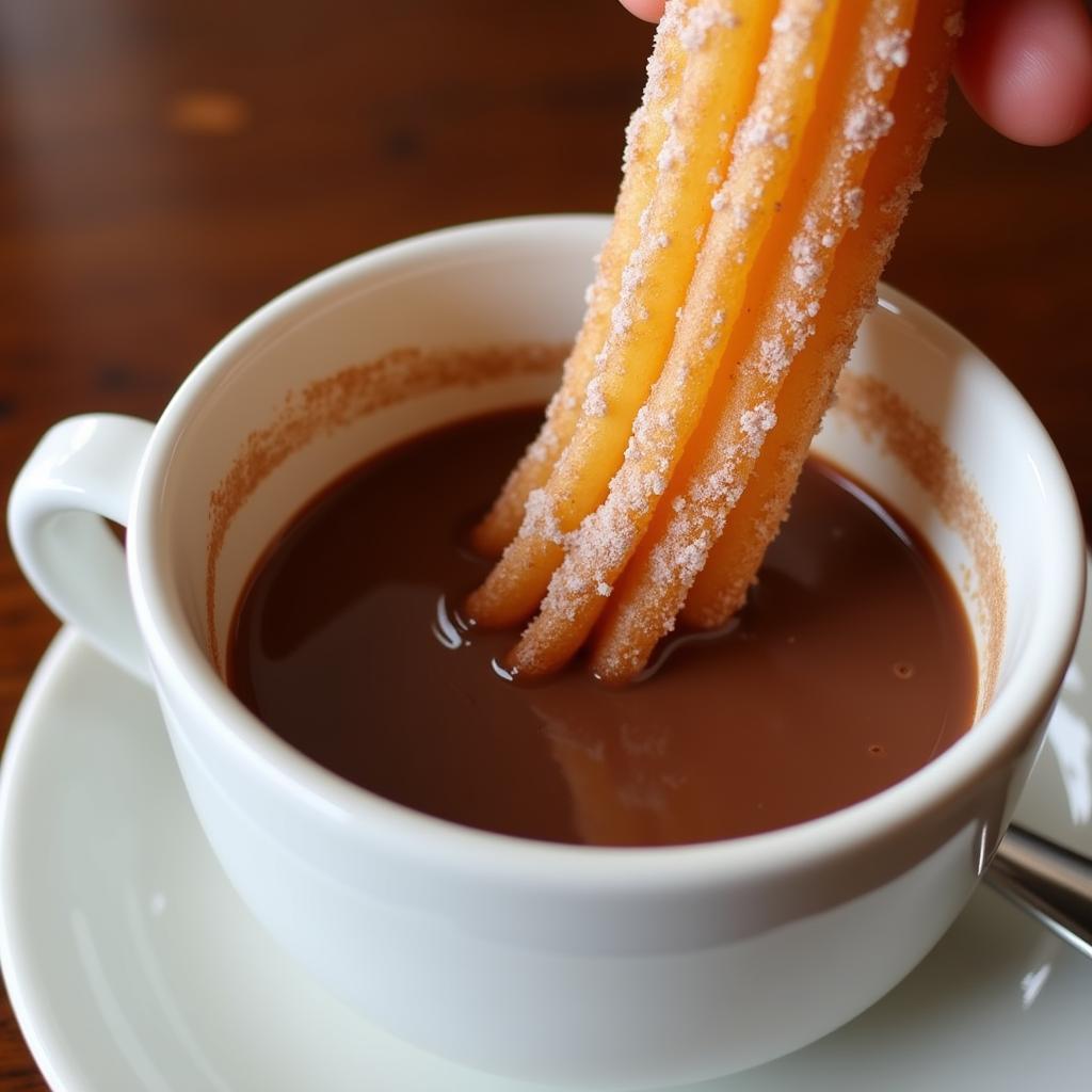 Churros dipped in thick chocolate sauce