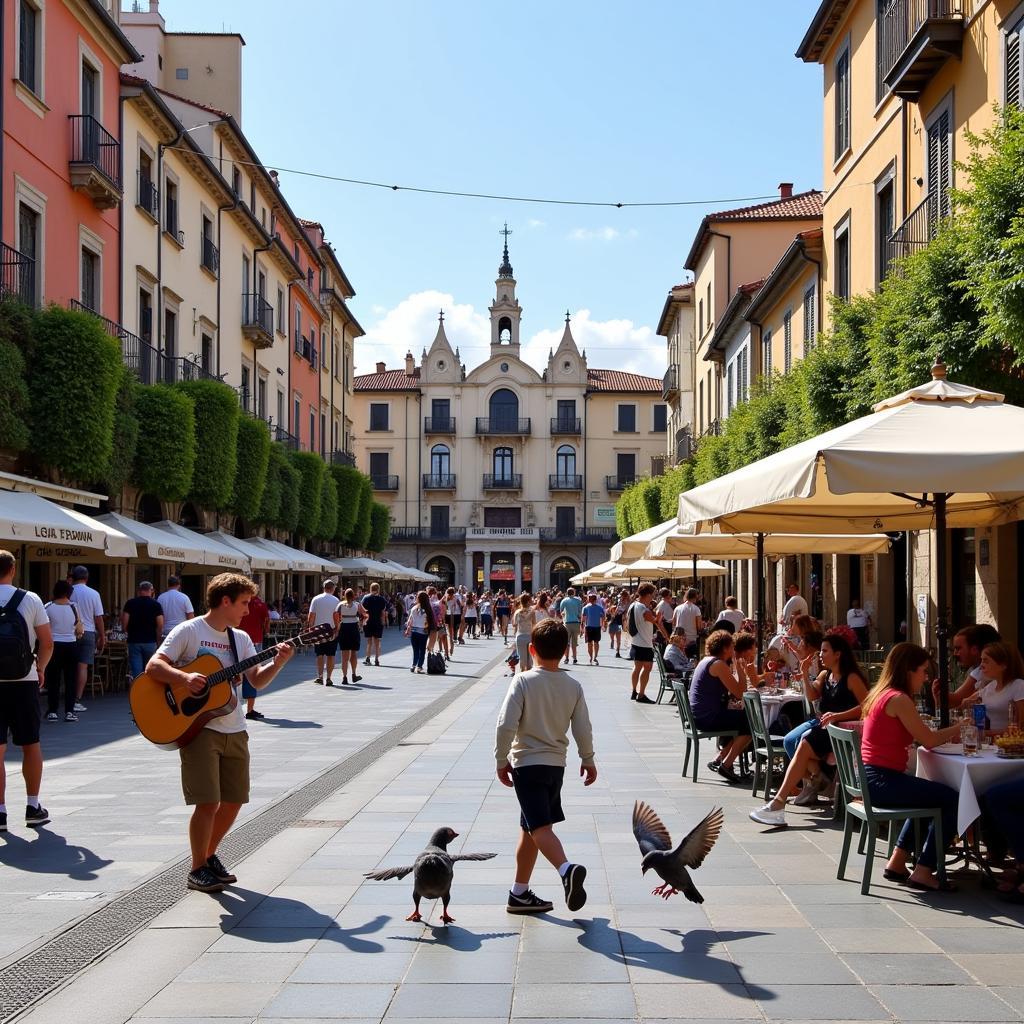  Lively plaza in a Spanish city with locals and tourists enjoying the atmosphere