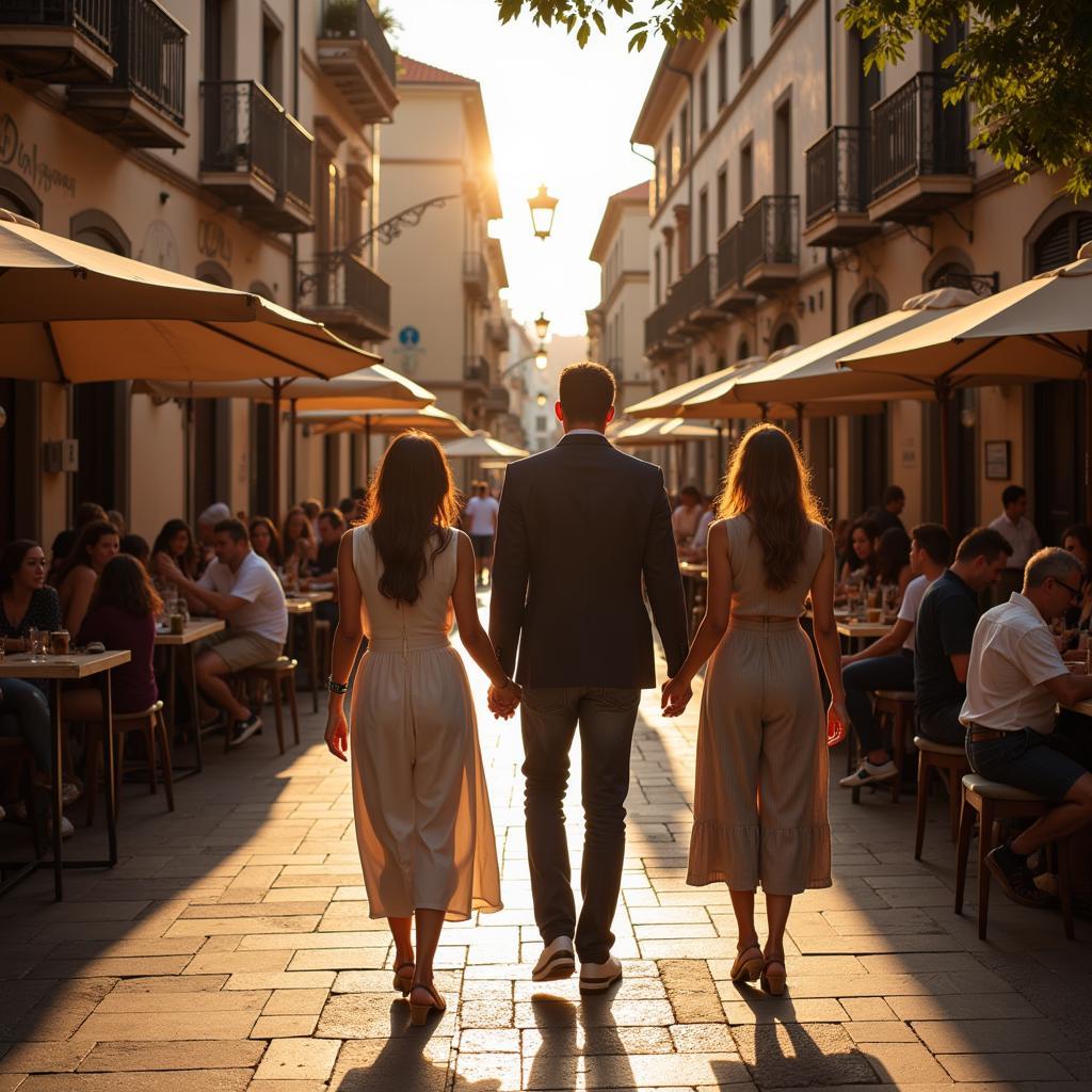 People enjoying a lively evening stroll in a Spanish city