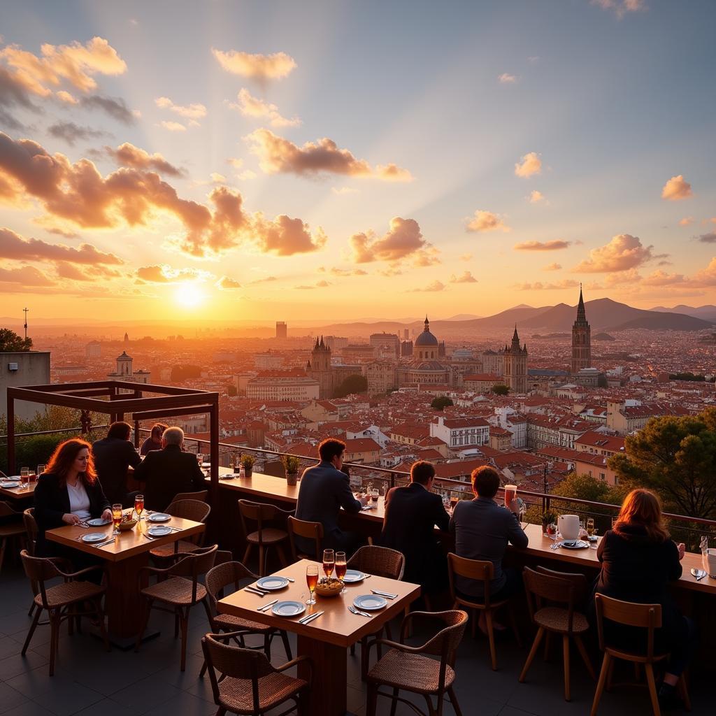 Panoramic view of a Spanish city at sunset with people enjoying tapas and drinks on a rooftop terrace