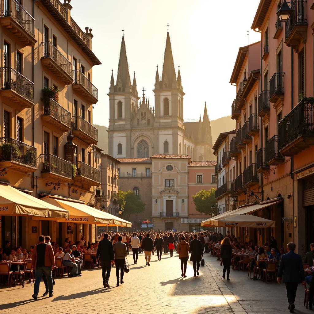 Bustling city center with view of historic architecture