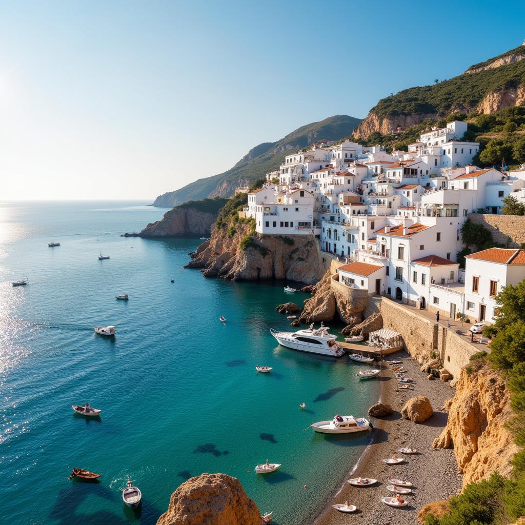 Spanish Coastal Town with White Houses Overlooking the Sea