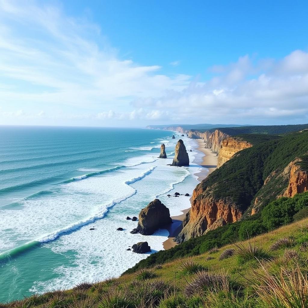 A breathtaking view of the Galician coastline, with turquoise waters crashing against dramatic cliffs.