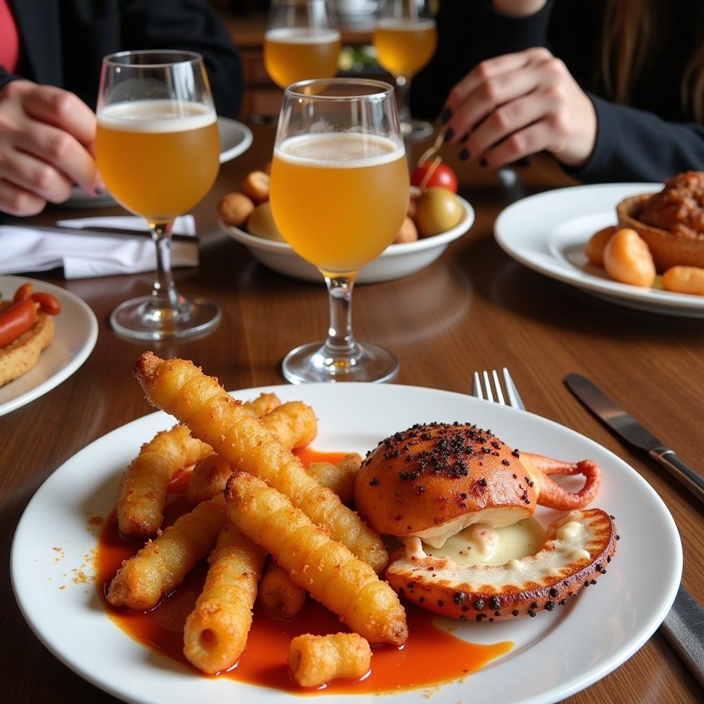 A table laden with a colorful array of Spanish tapas