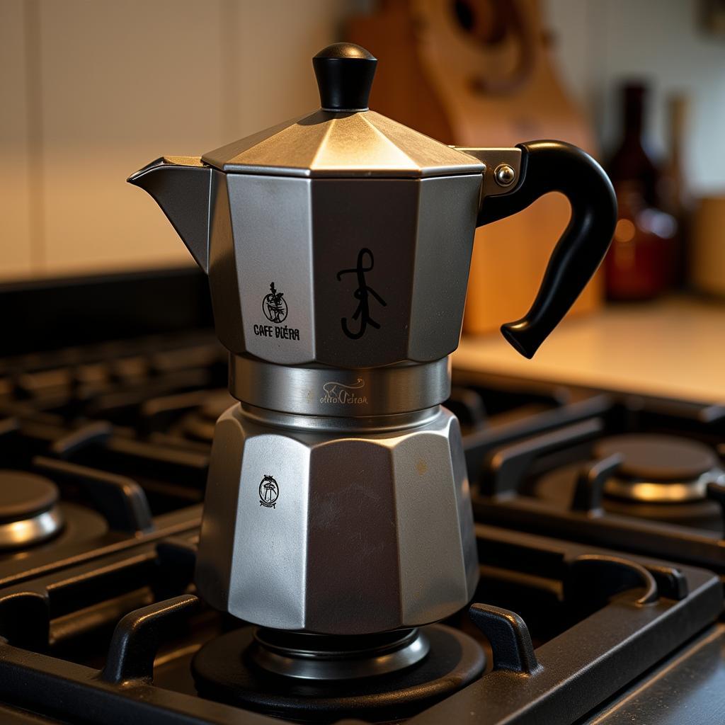 Traditional Spanish coffee maker on a stovetop.