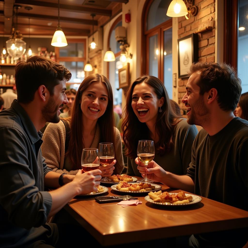 Travelers enjoy a lively conversation with locals while sharing tapas in a traditional Spanish bar