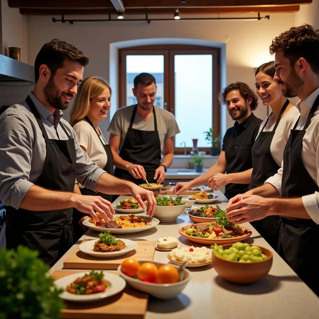 Tourists participating in a Spanish cooking class