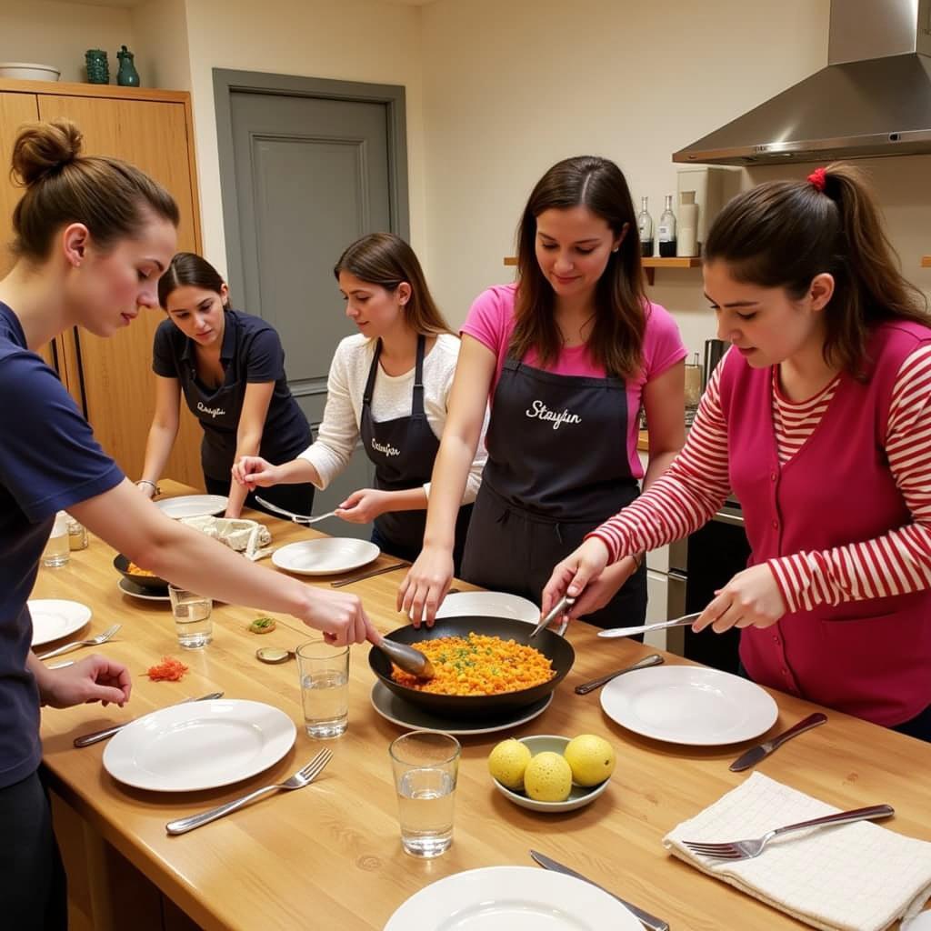 Homestay guests learning to cook paella