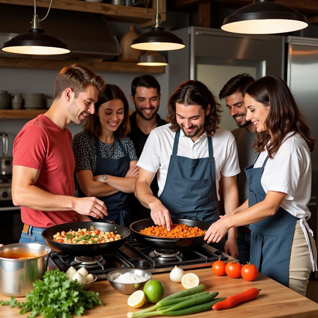 Homestay guests learning to make paella