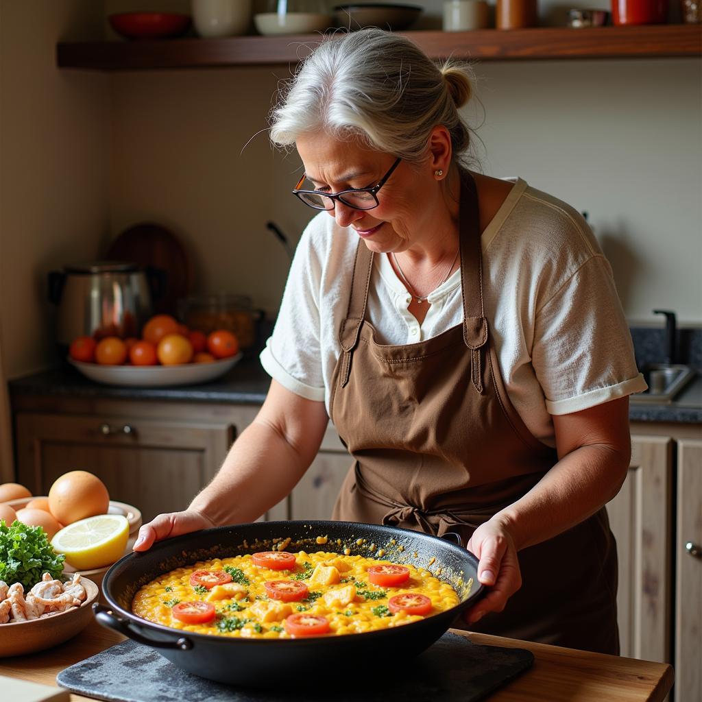 A group of people participating in a cooking class, learning how to prepare traditional Spanish dishes.