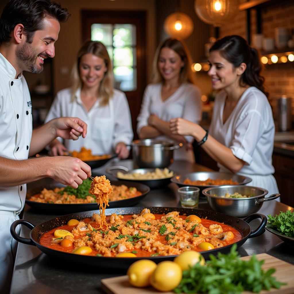 Guests learning to make paella in a Spanish cooking class