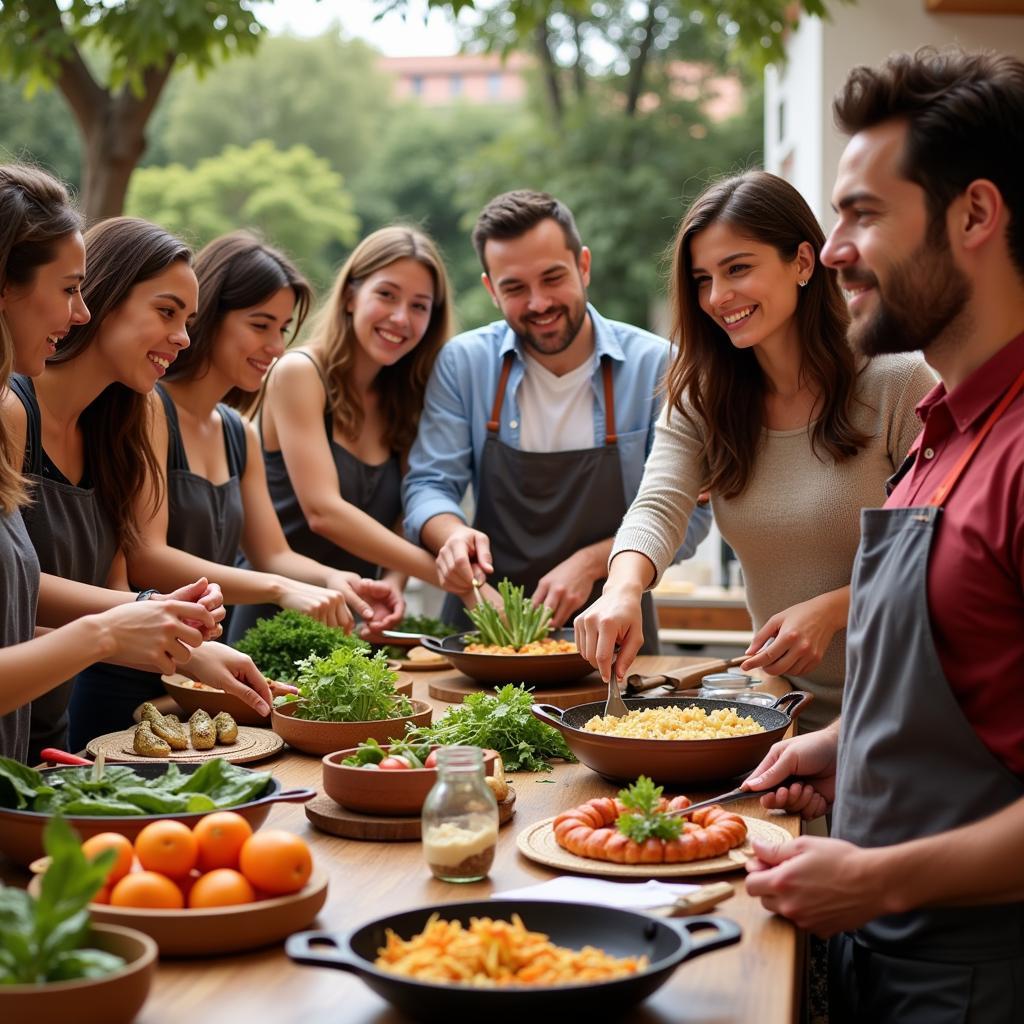 Tourists and locals participating in a Spanish cooking class.