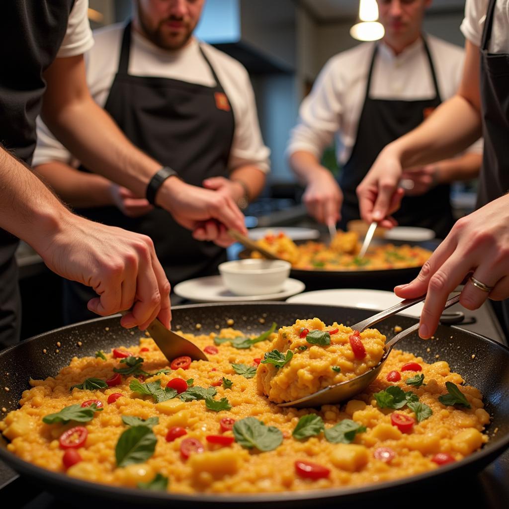 Participants learn to make paella in a hands-on cooking class