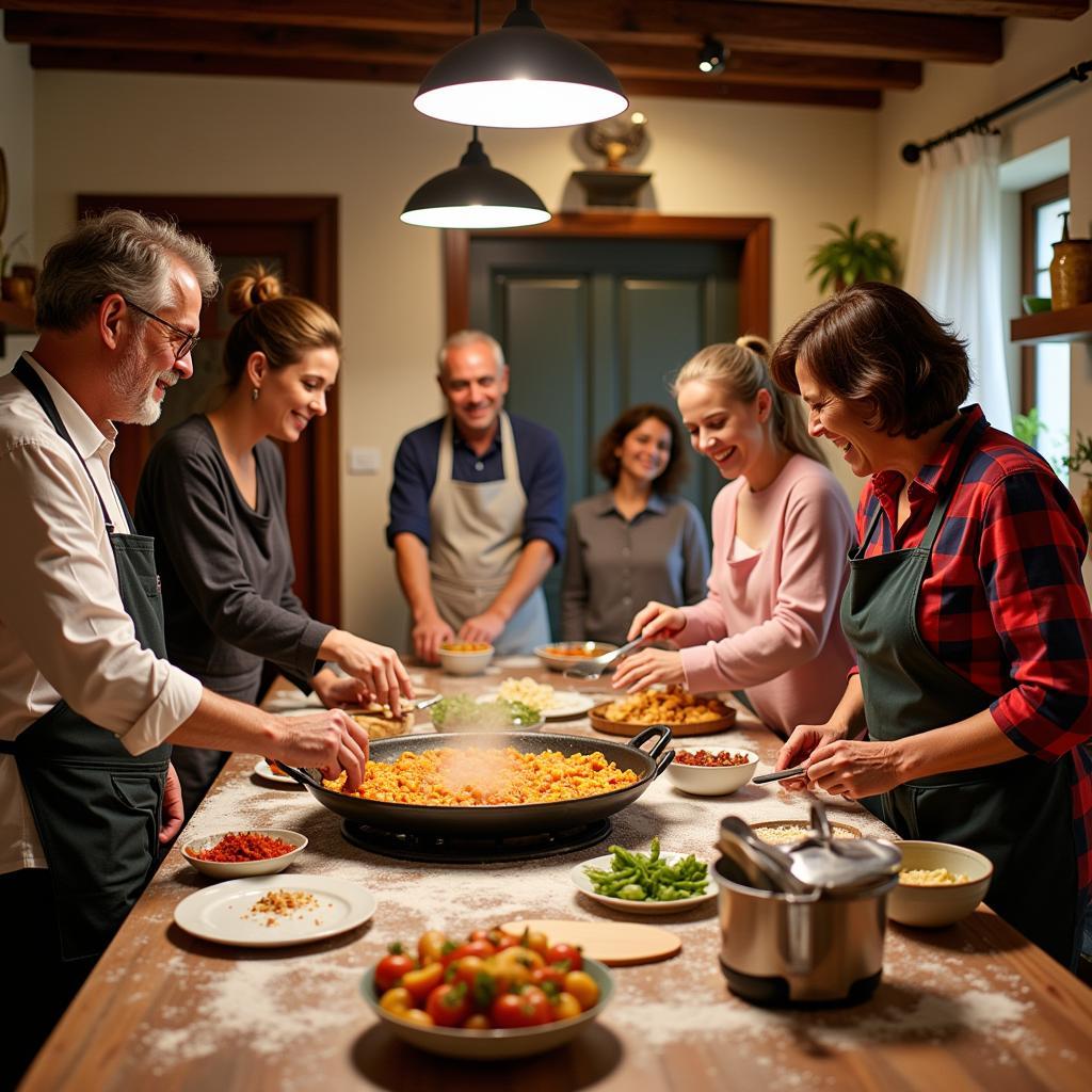 Guests learning to cook paella with host family