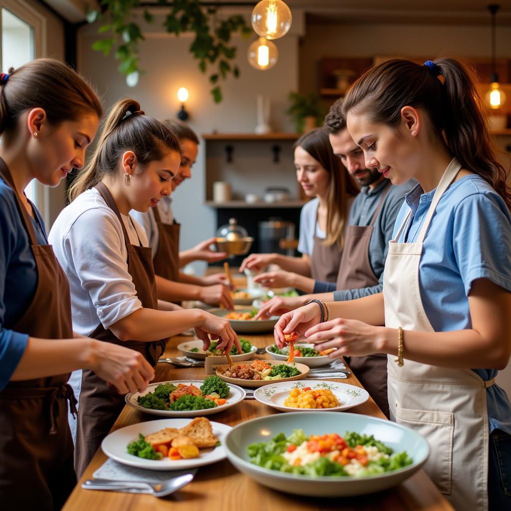 A me Stay in Spain host teaching guests how to prepare paella in a traditional Spanish kitchen.