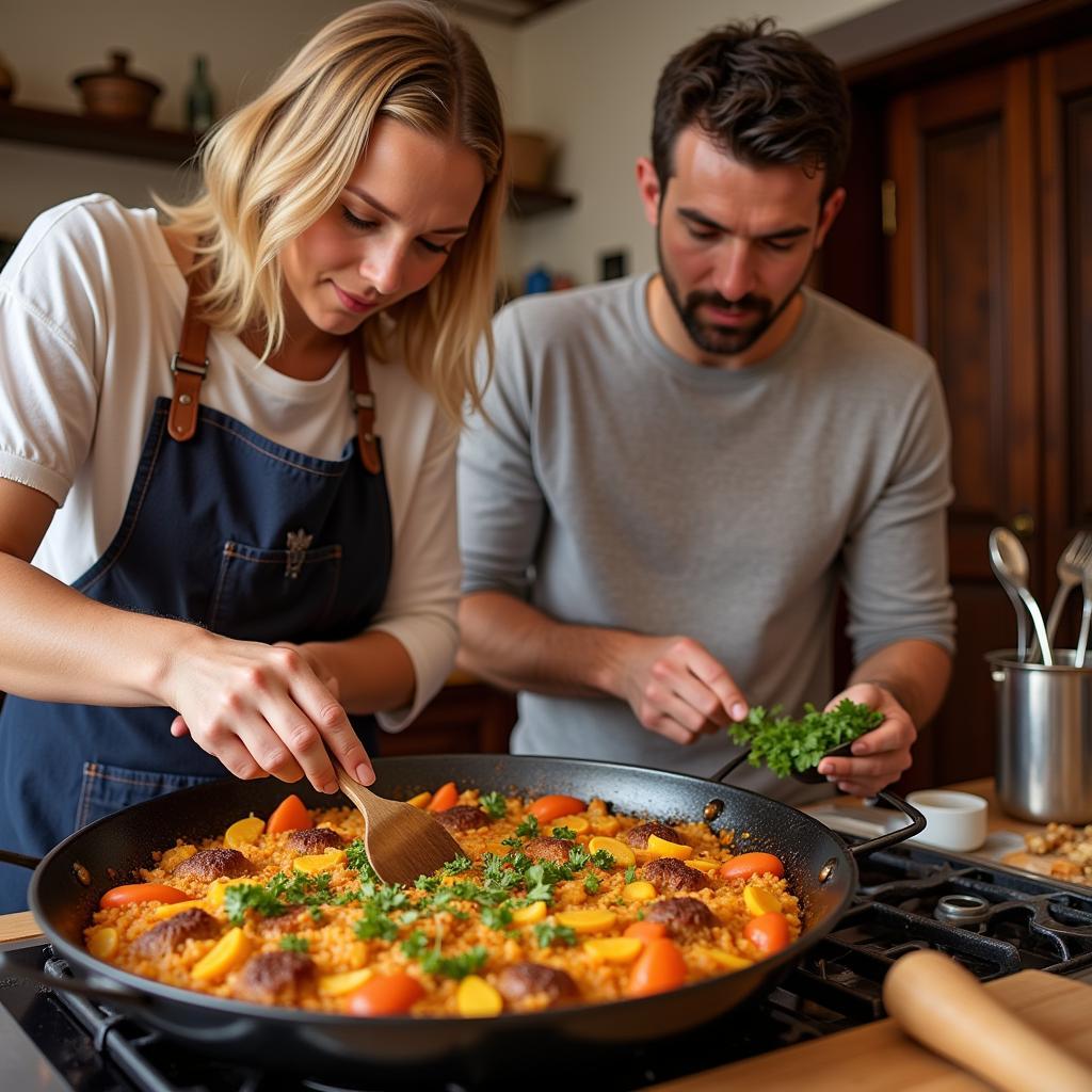 Learning to make paella in a Spanish home kitchen