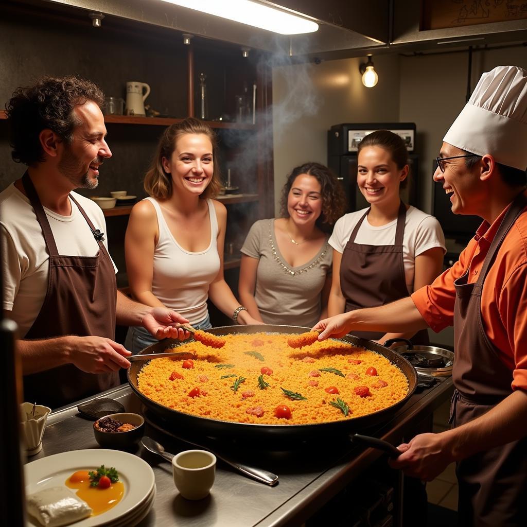 Group of people participating in a Spanish cooking class