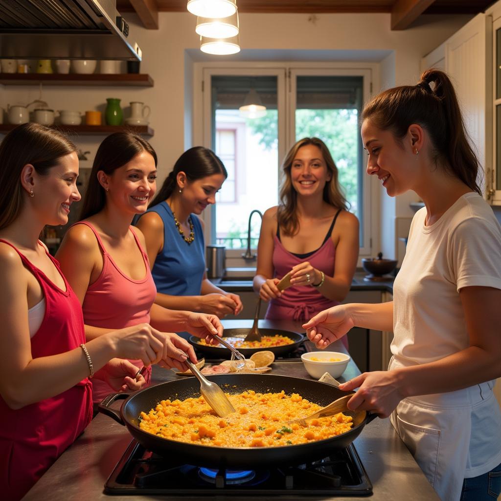 Tourists learning to cook paella in a Spanish home kitchen