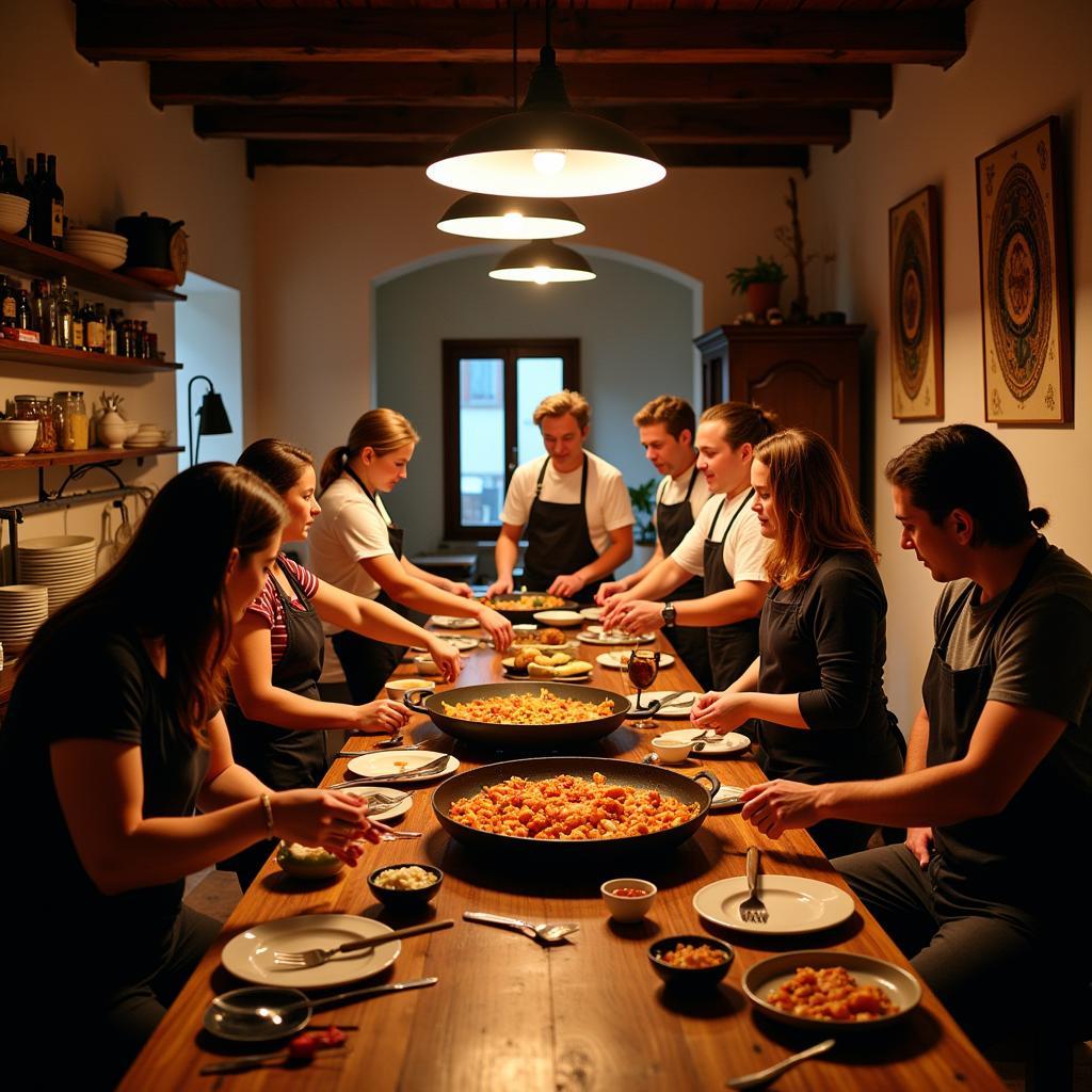 Group participating in a lively Spanish cooking class