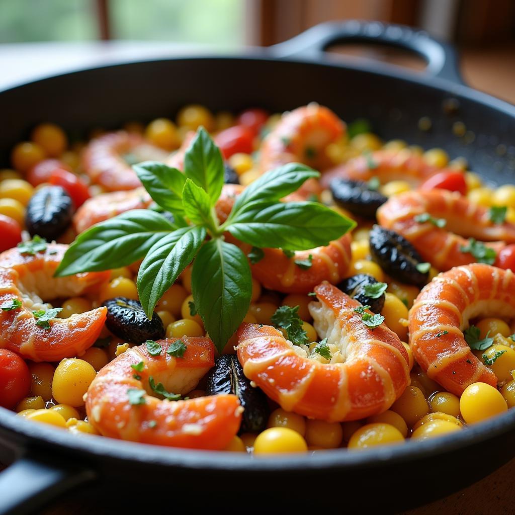 A group of people participating in a cooking class in Spain, learning how to make traditional paella