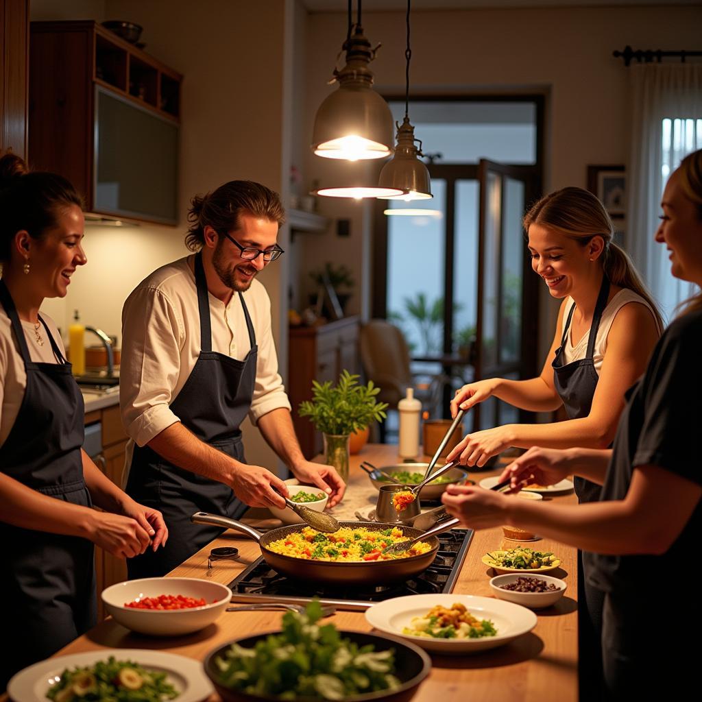 Guests learning to cook paella in a 'documental home'