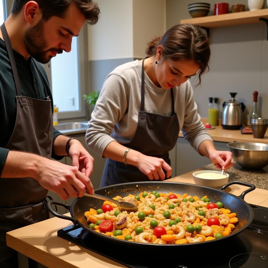 Learning to cook paella in a Spanish home