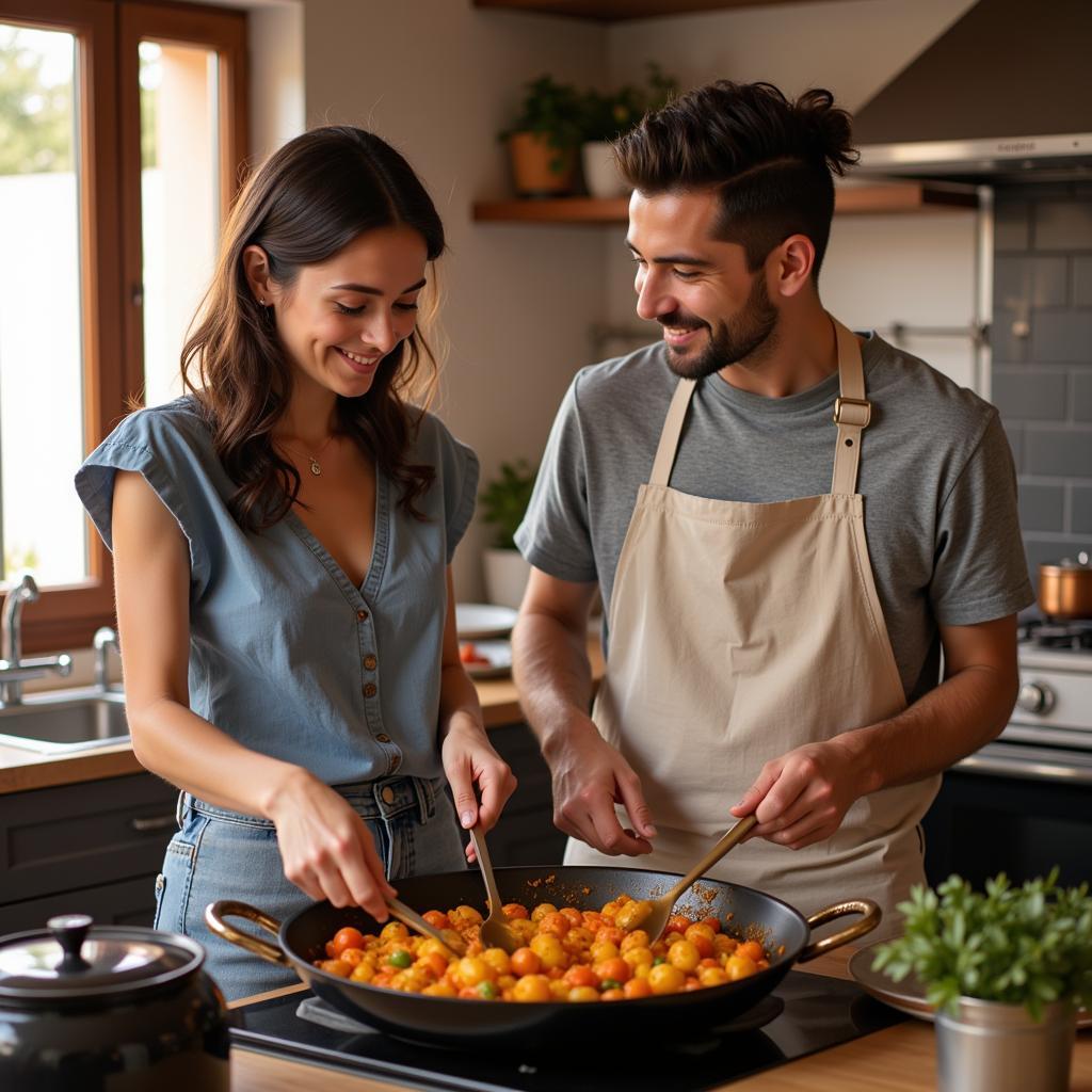 A traveler learns to cook paella in a Spanish home