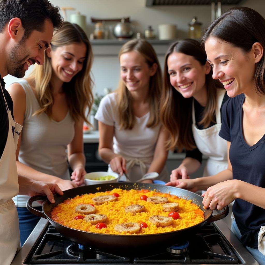 Travelers learning to cook paella with a local chef in Spain