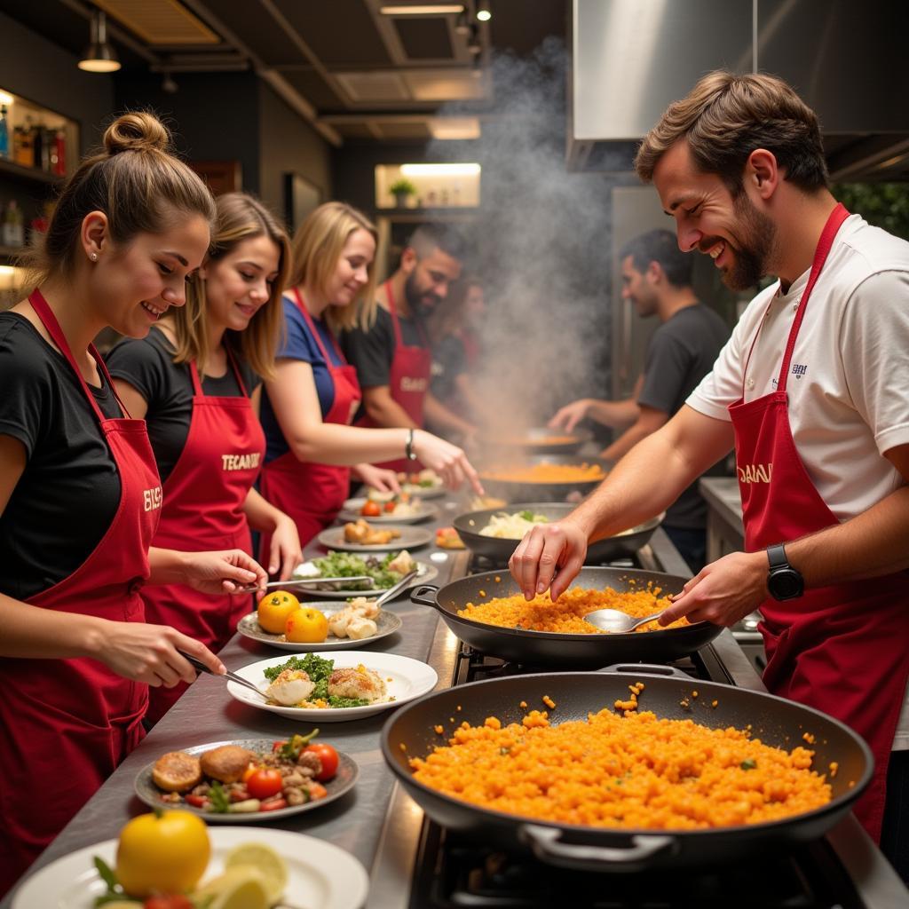 Learning to make paella in a Spanish cooking class.