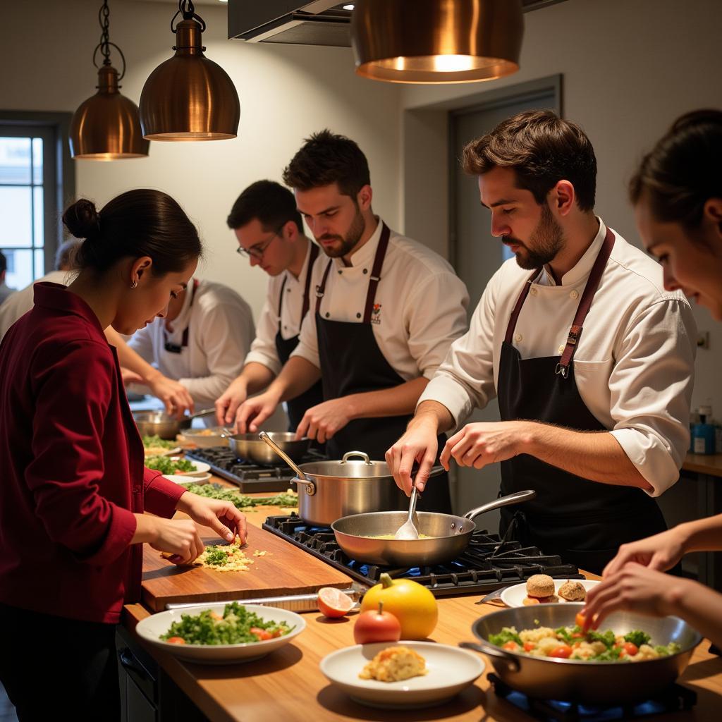 Group of people participating in a Spanish cooking class, guided by a local chef.