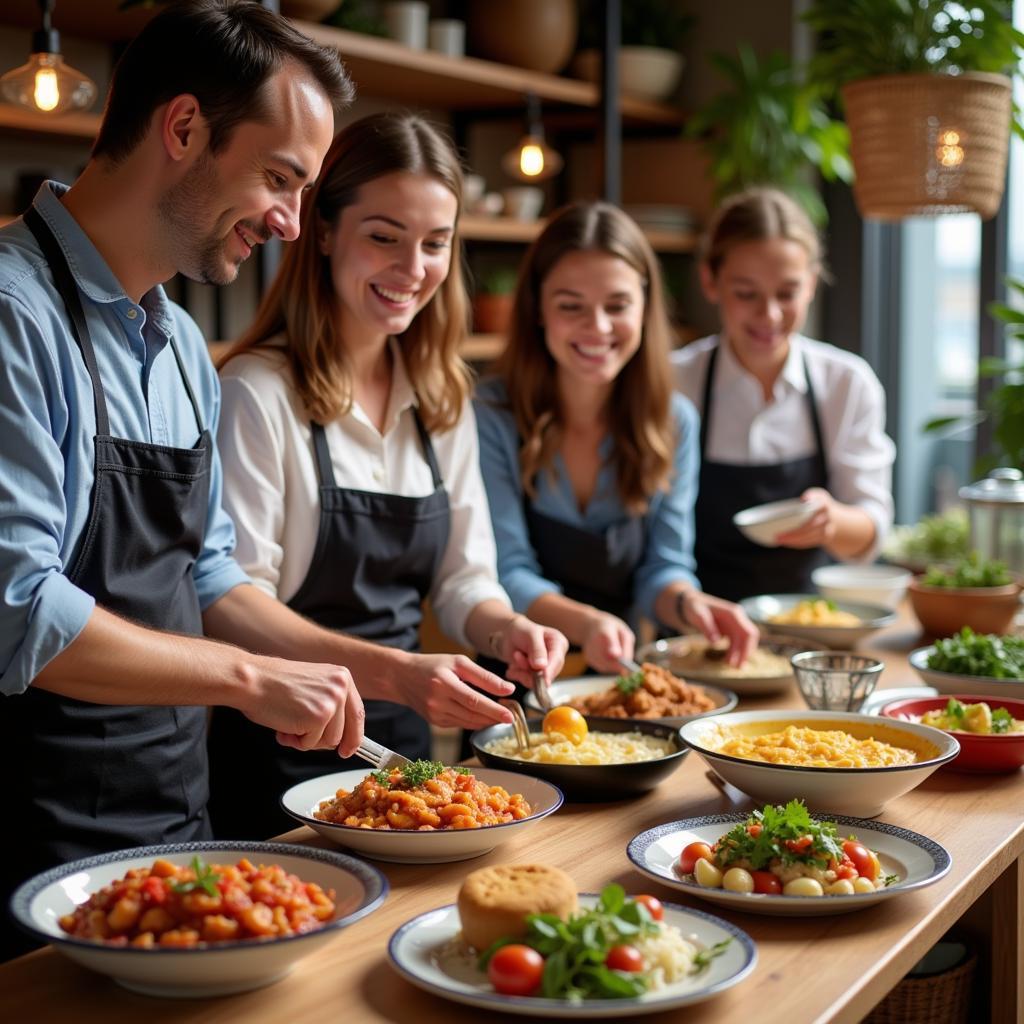 Guests participating in a hands-on Spanish cooking class