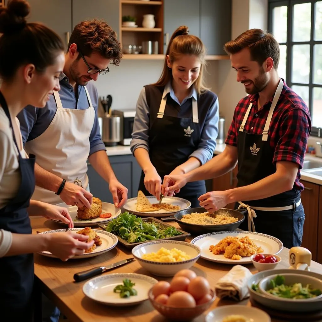 Guests participating in a hands-on Spanish cooking class led by a local host in a traditional kitchen