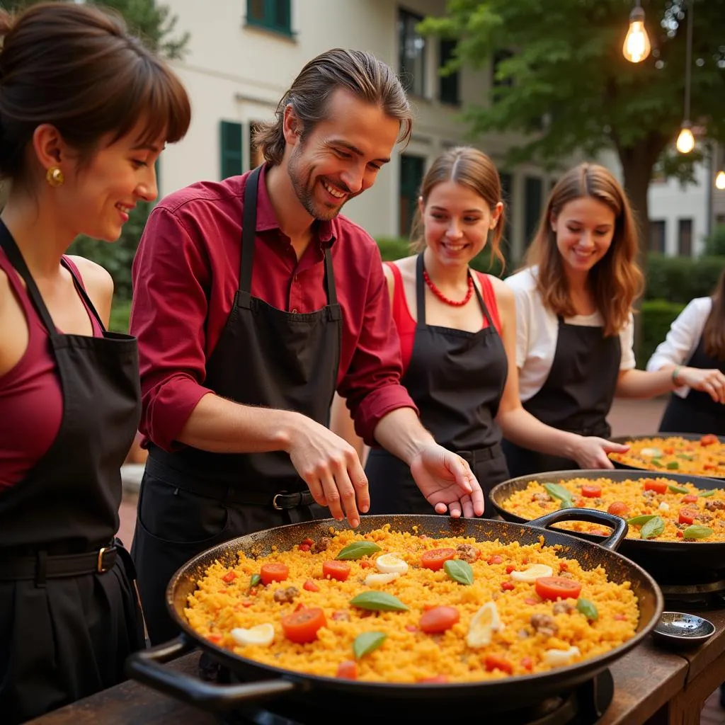 Guests learning to make paella in a Las Rozas homestay kitchen