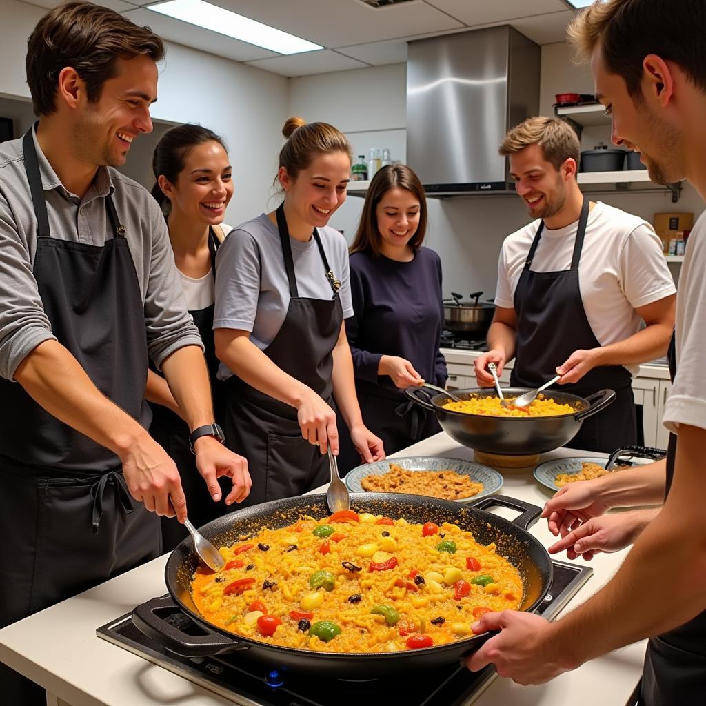 Tourists participating in a Spanish cooking class, learning to make paella