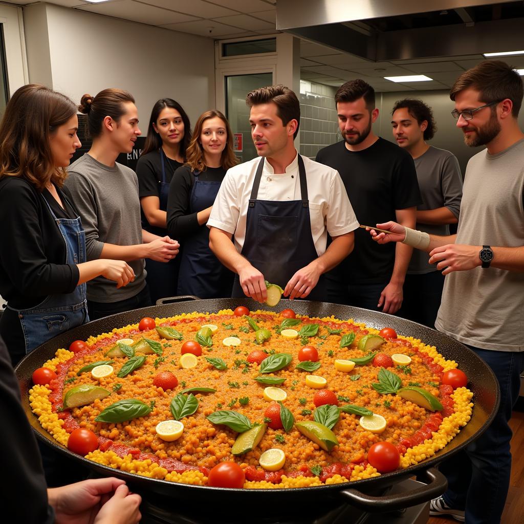 Chef demonstrating paella preparation in a cooking class