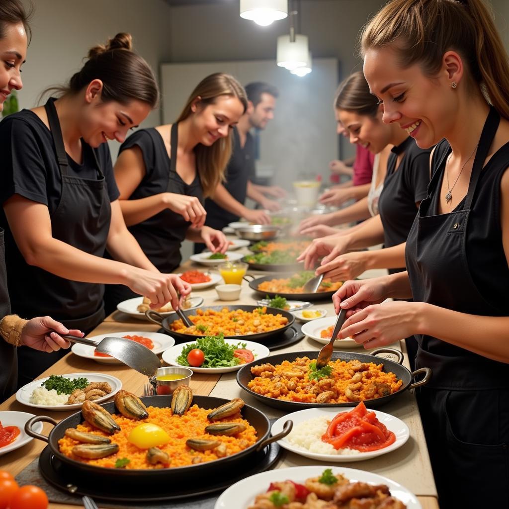 Participants learning to make paella in a Spanish cooking class