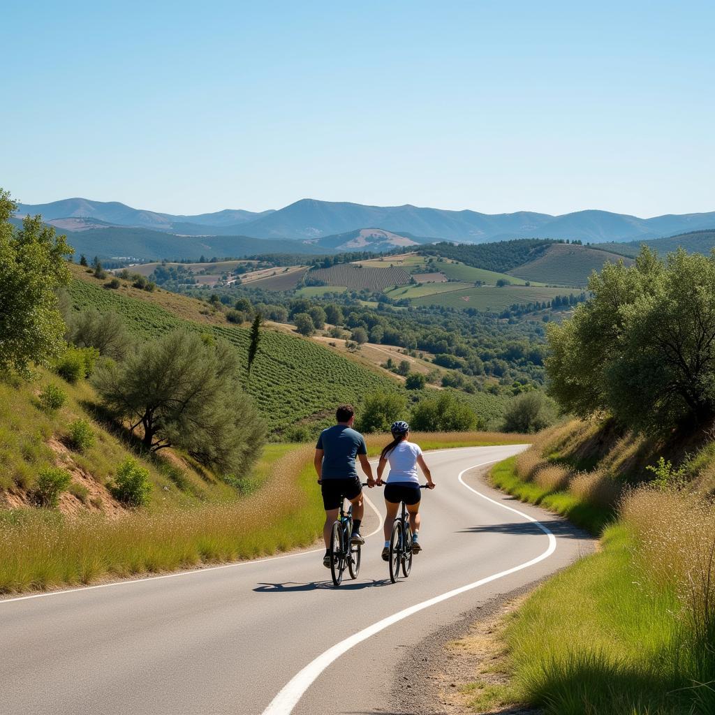 Couple cycling through Spanish countryside