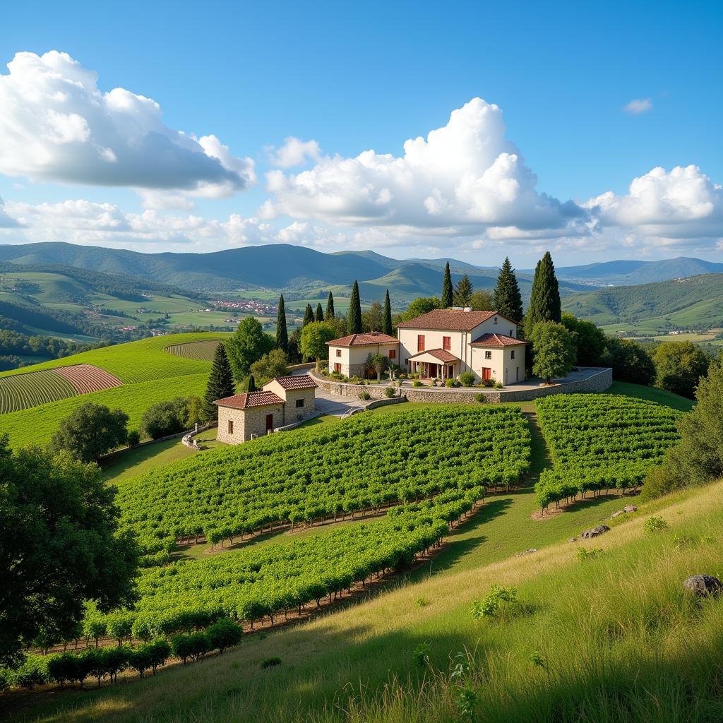 Picturesque view of rolling hills and vineyards from a Spanish farmhouse