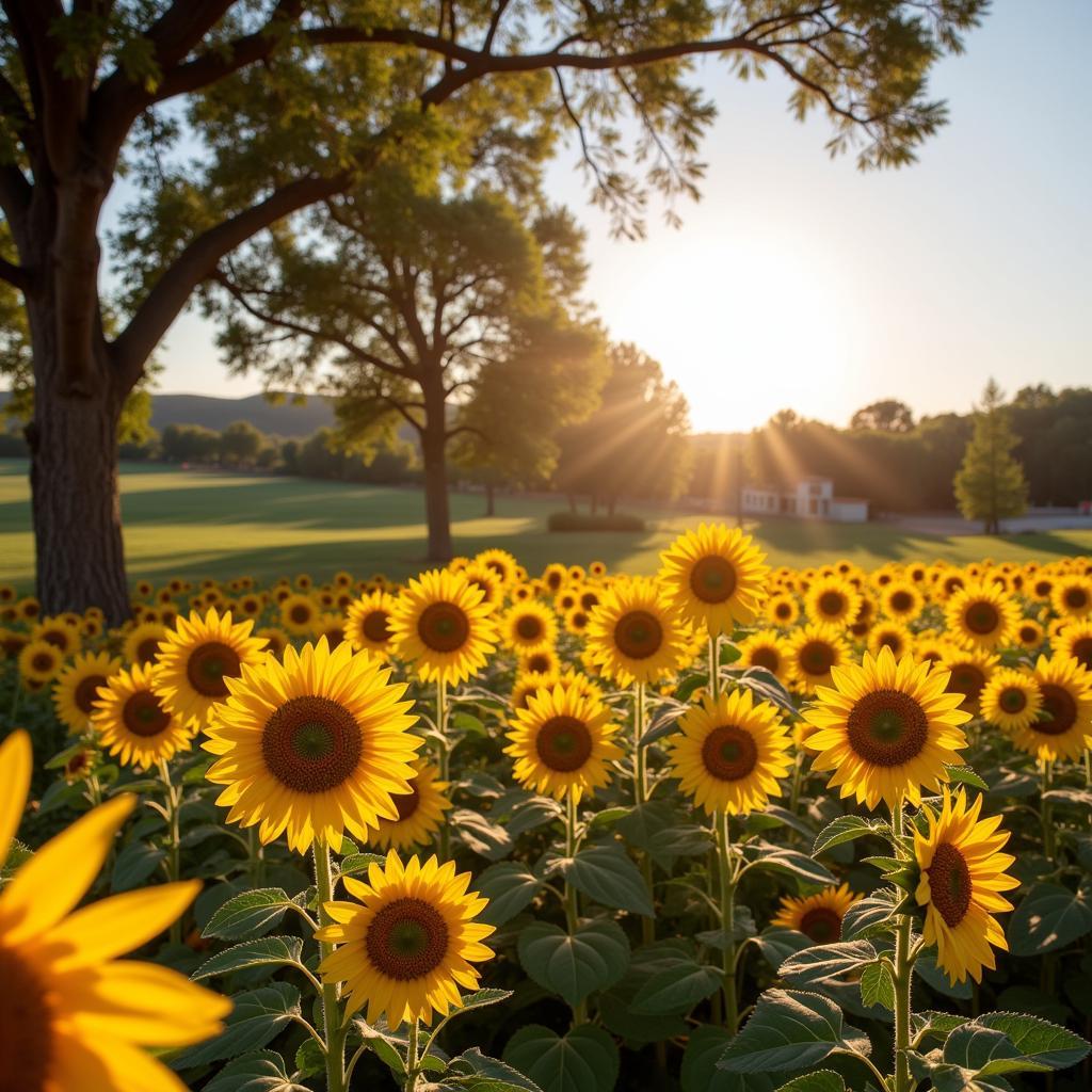 A traditional Spanish home nestled in the countryside, surrounded by sunflowers.