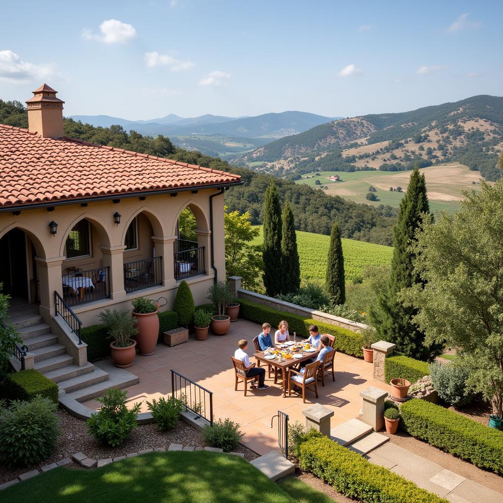 Family enjoying breakfast on a terrace overlooking Spanish countryside