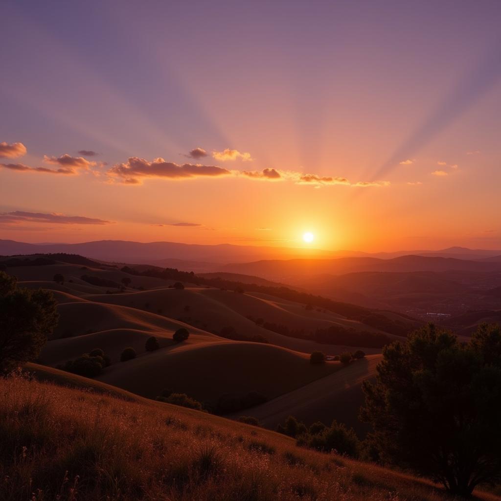 Sunset over the rolling hills of the Spanish countryside